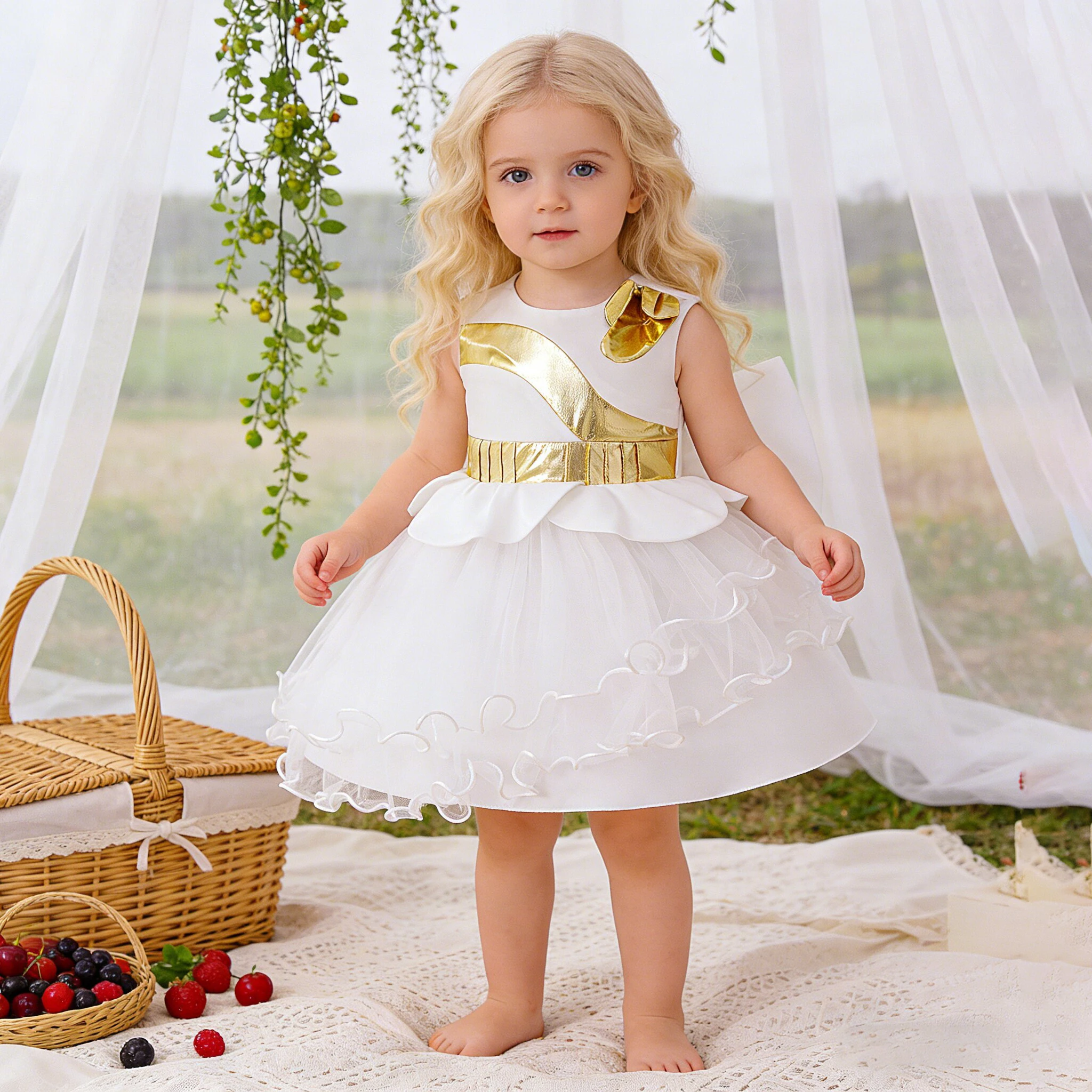 

Платье для девочек на крестины, с большим бантом, элегантное, для первого дня рождения, свадебное, из фатина, для подружек невесты, вечернее, для выпускного бала