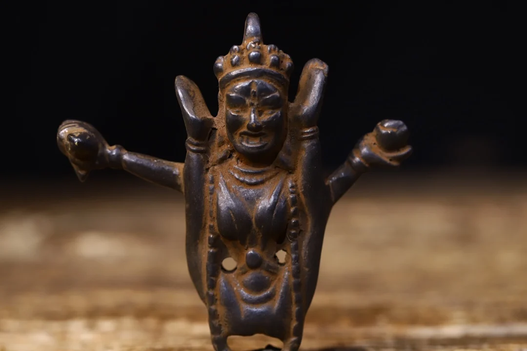 

3”Tibetan Temple Collection Old Bronze Cinnabar Dancing Mahakala Buddha Amulet Pendant Halloween Dance Goddess Town House
