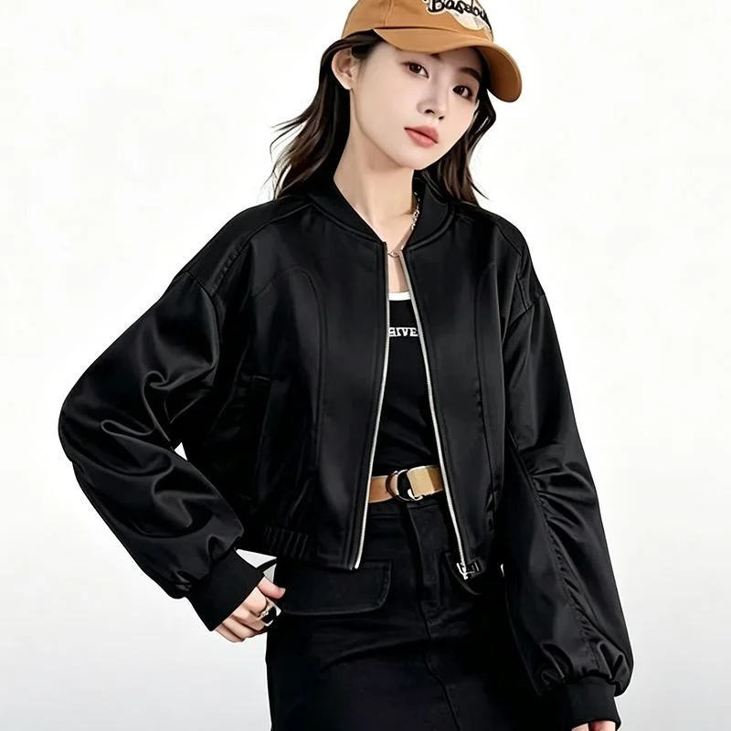 Yellow Purple Black Satin Short Jacket Baseball Jacket Fashion Women's Jackets 2026 Spring Autumn Casual New Versatile Top Coat