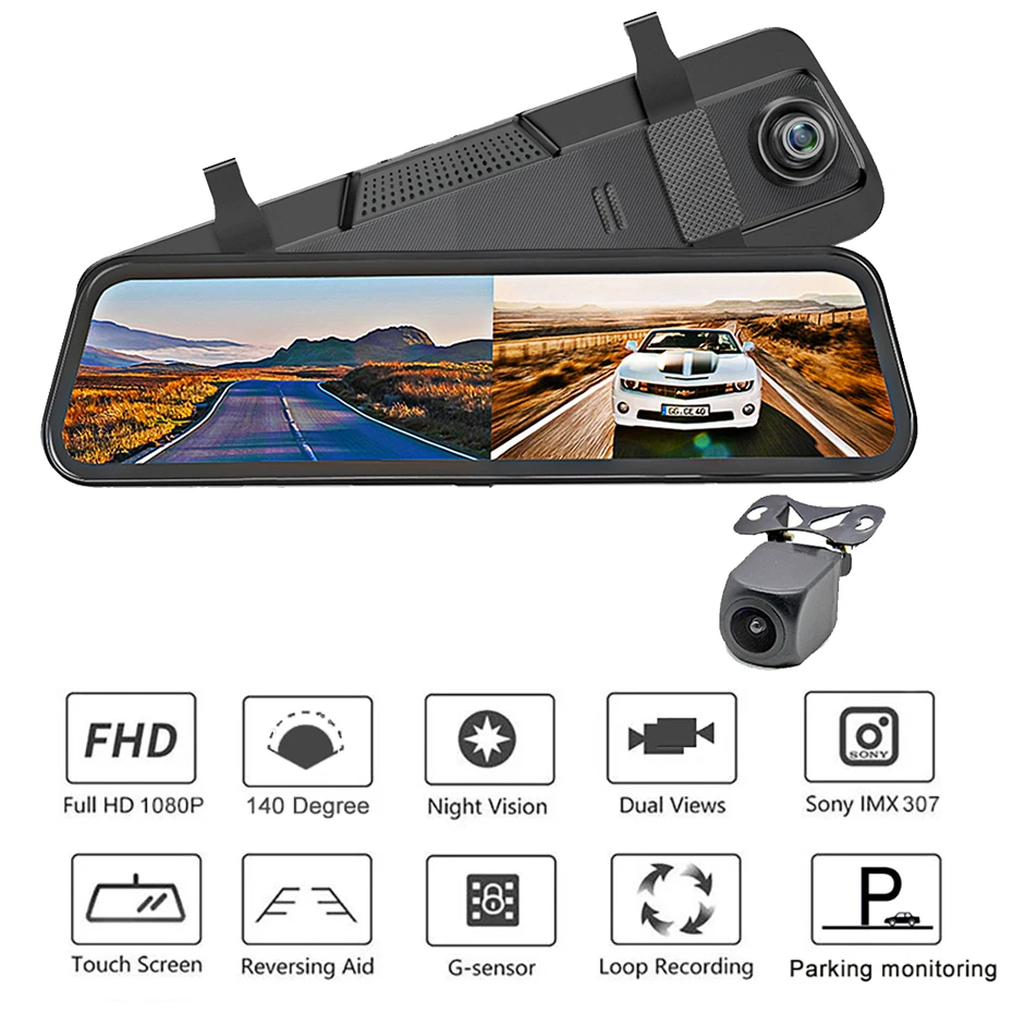 Bluavido Dual Camera FHD 1080P Dash Cam 10 Inch Car Rear View Mirror DVR Auto Video Recorder Night Vision Loop Recording