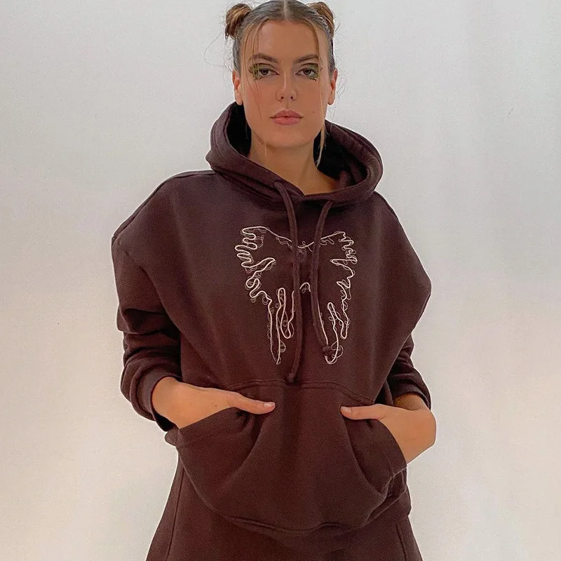 Women Solid Color Casual Sport Style Hoodies Suits Spring Autumn Loose All-Match Streetwear Butterfly Embroidered Sweatshirt Set