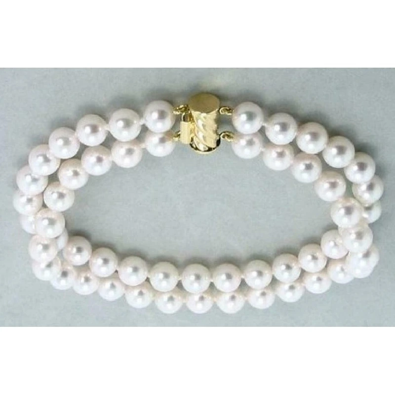 2 Row Real Natural AAAA 7-8mm White Akoya Women's Pearl Bracelet 7.5-8 14k Gold Buckle -