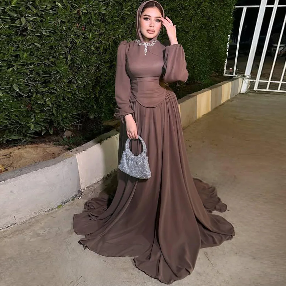 Vestido de noche personalizado con mangas farol, cuello redondo, línea A, de gasa, para invitadas de boda, plisado, estilo musulmán, largo maxi
