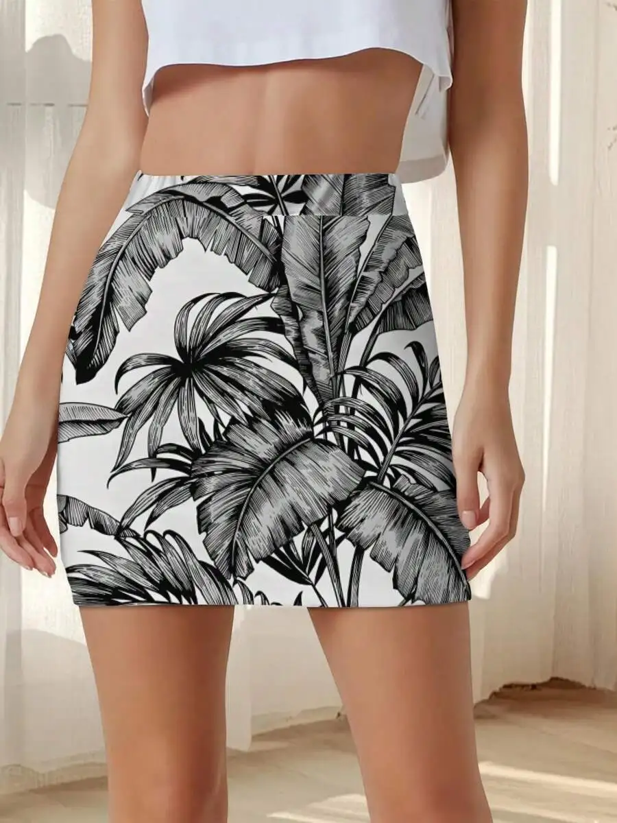 Women Summer Bodycon Mini Skirt Black White Tropical Palm Leaf Print Casual Beach Style