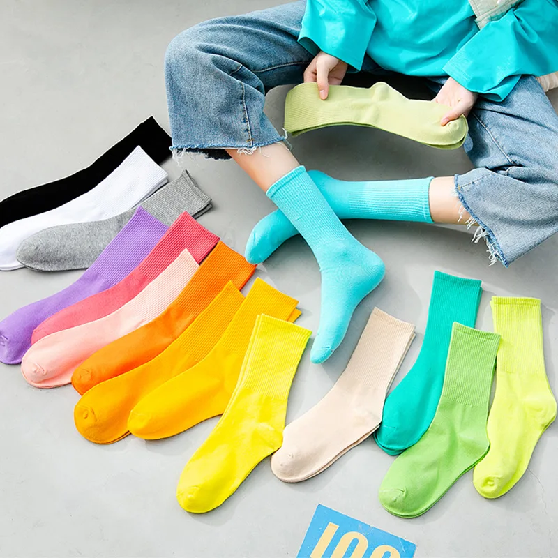 1 Pairs Women's Socks Four Seasons Colorful Middle Tube Cotton Breathable Sock High Quality Solid Color Comfortable Home Socks #