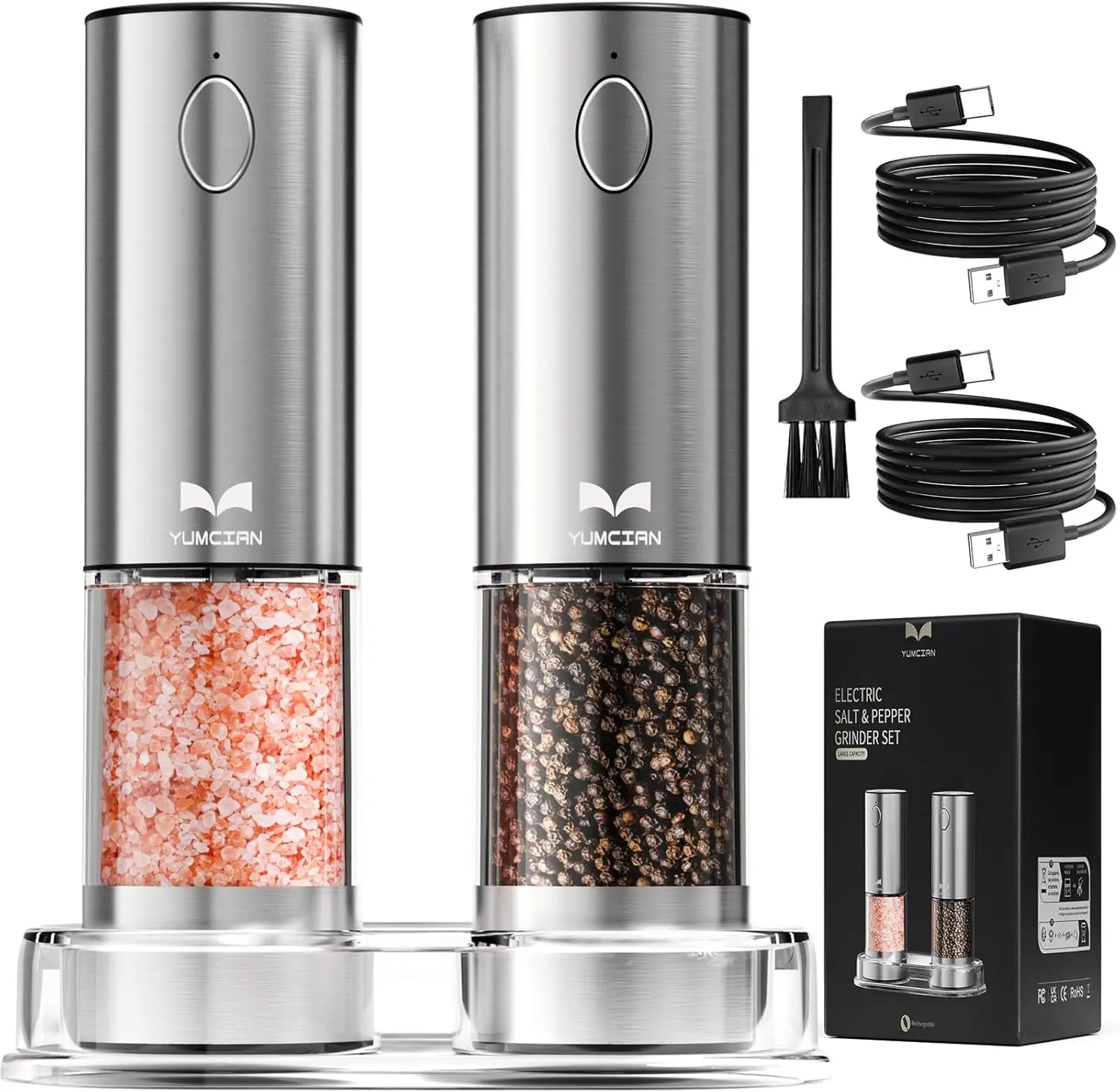 

Rechargeable Electric Salt & Pepper Grinder Set with Adjustable Coarseness, LED Light, Stainless Steel, Large Capacity