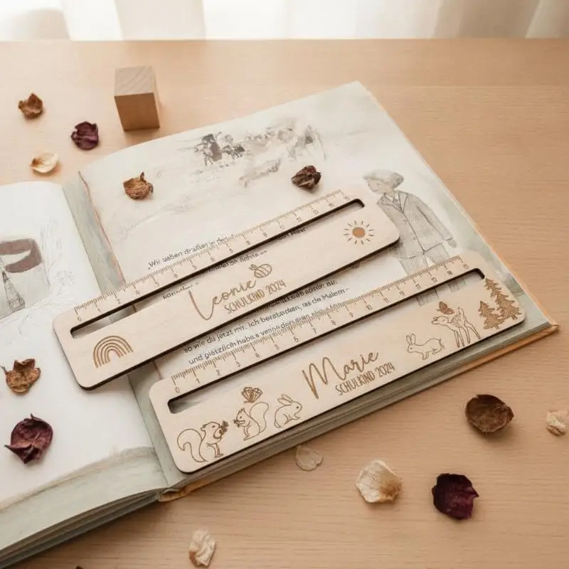 Wooden Ruler Bookmark Engraved Cute Pattern Eco-friendly Portable Stationery for Kids Back to School Gift Student Reading Use
