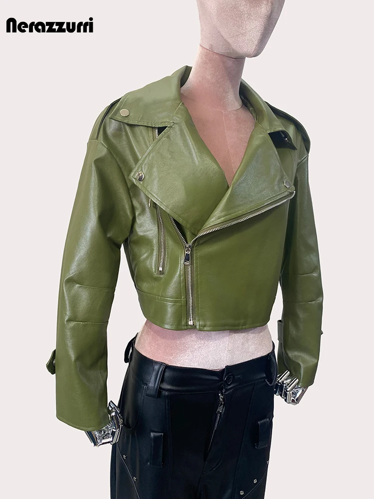 Nerazzurri-Veste de moto et de motard en cuir PU vert doux pour femme, courte, cool, beau, piste de fermeture éclair, mode européenne, printemps, automne