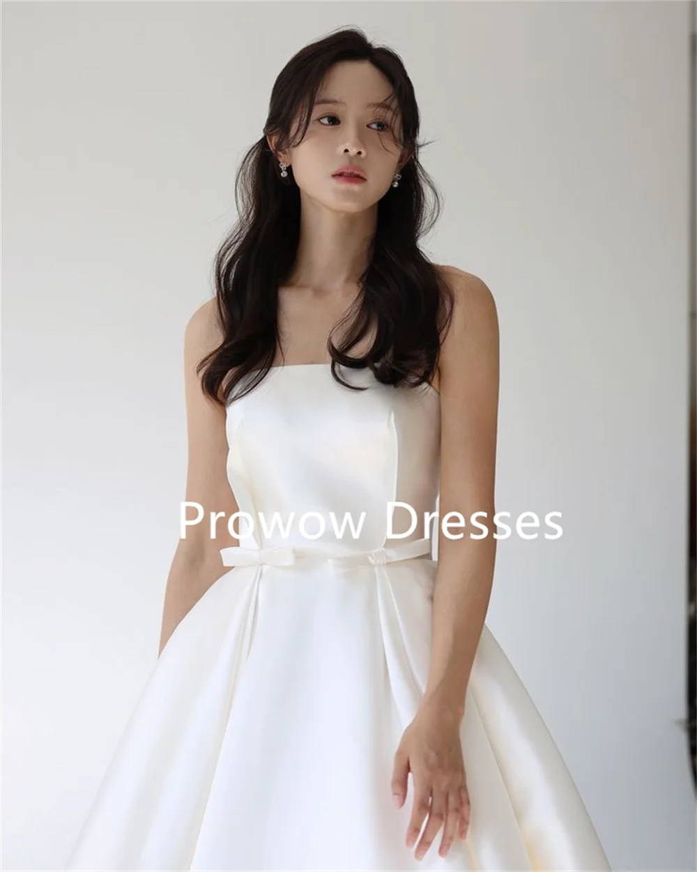 

Prowow 2025 Simple Strapless A Line Wedding Dress Korea Photoshoot Pleats Satin Floor Length Bridal Gown Corset Customized