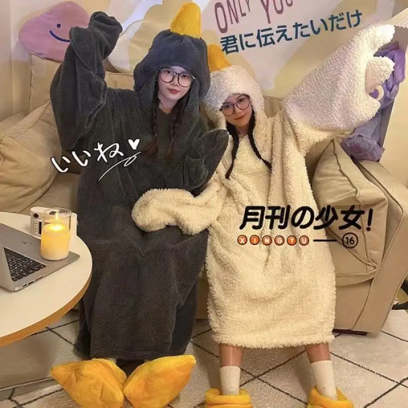 Best Friend Style Autumn Winter Cartoon Pajamas Couple Set Goose Wacky Nightdress Fleece-Lined Thicken Hooded Keep Warm Pajamas