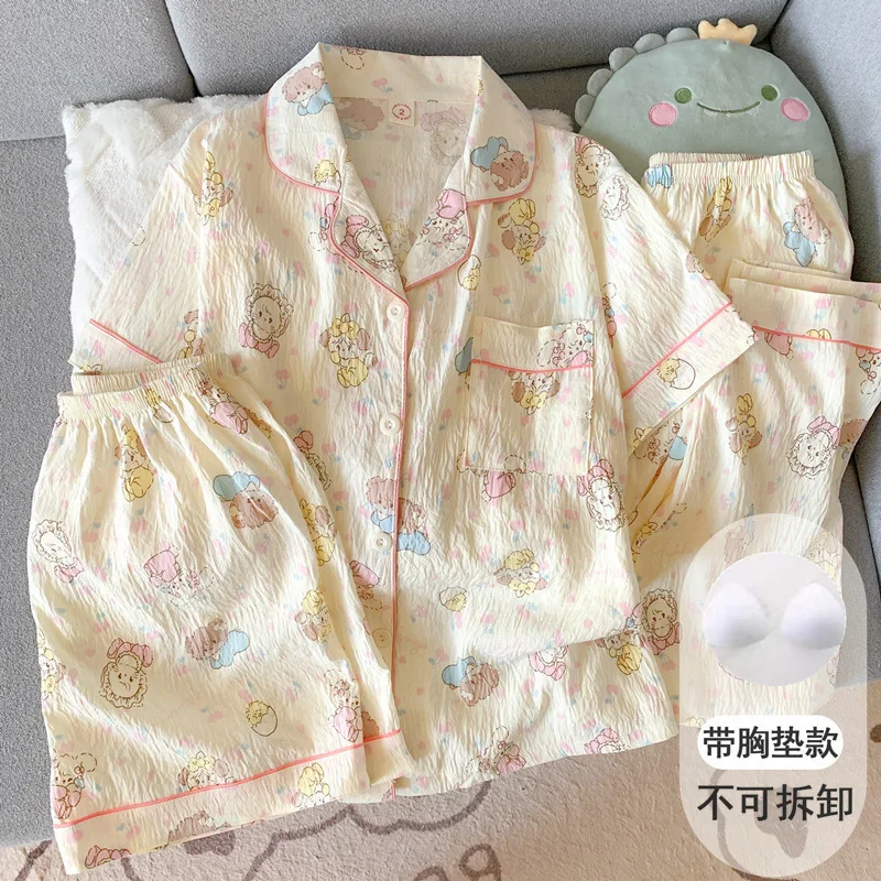 Conjunto de pijamas Hello Kitty para mujer, verano, algodón, manga corta, 3 piezas, estampado de nubes