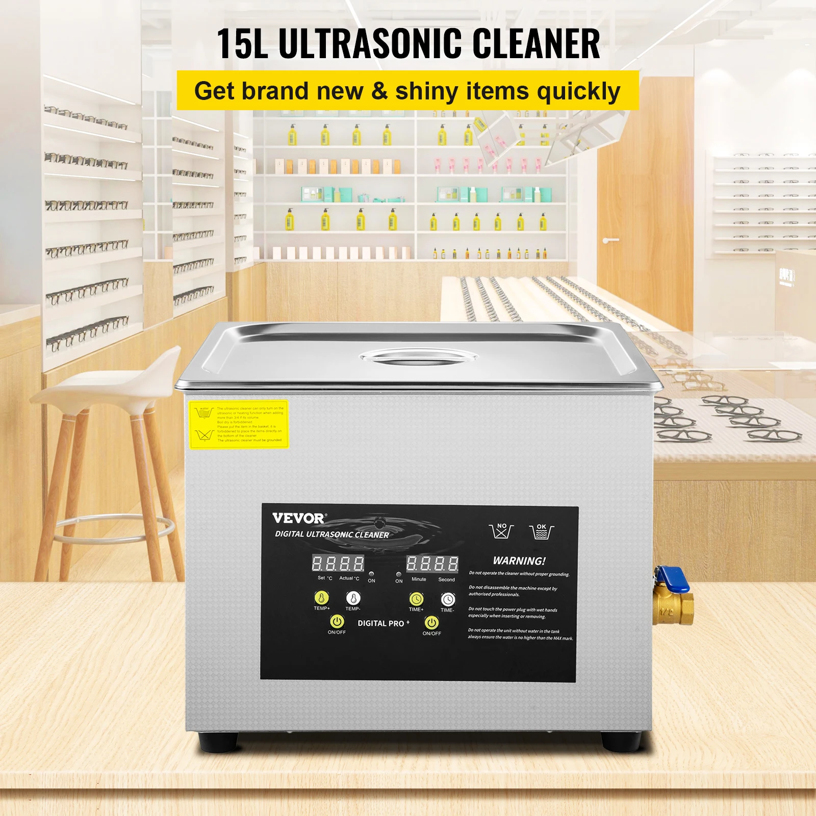 VEVOR 15 L Ultraschallreiniger (600 W Heizung, 360 W Ultraschall) Professioneller digitaler Labor-Ultraschall-Teilereiniger mit Heizungstimer für die Reinigung von Glaszahninstrumenten