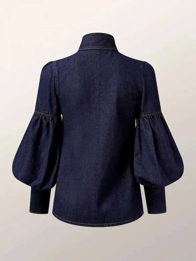 Lemongor Women Fashion Imitation Denim Puff Sleeves Lace-Up Bow Blouses 2023 New Spring Autumn High Neck Casual Shirts Tops