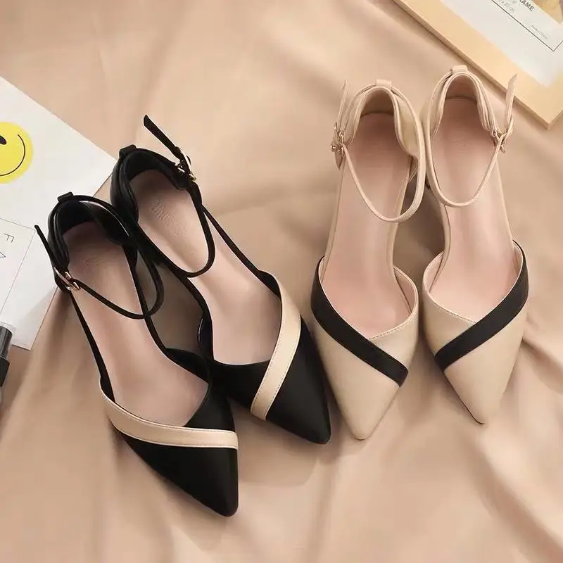 Escarpins classiques beiges à talon carré et bout pointu pour femme, en cuir PU noir avec boucle, idéaux pour les soirées printemps-été