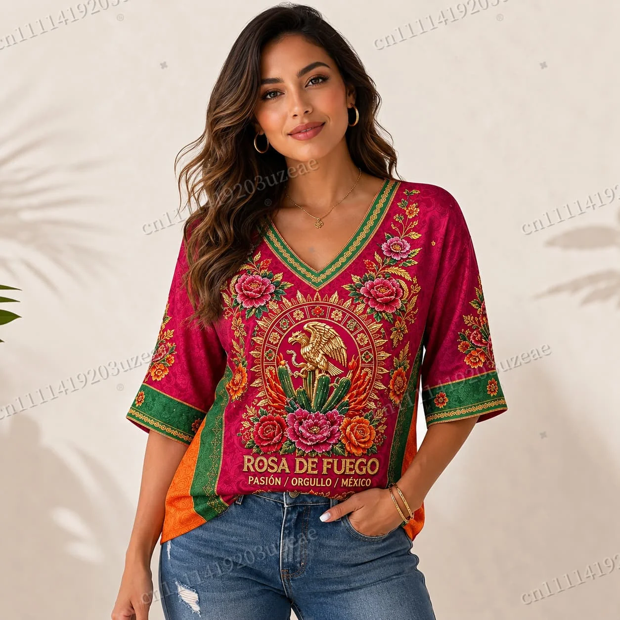 Damen-T-Shirt „Mexican Rosa De Fuego“ mit V-Ausschnitt, kurzen Ärmeln, Adler-Kaktus-Blumenmuster, Boho-Stil, locker geschnitten, lässiges Sommer-Top – Detail 4