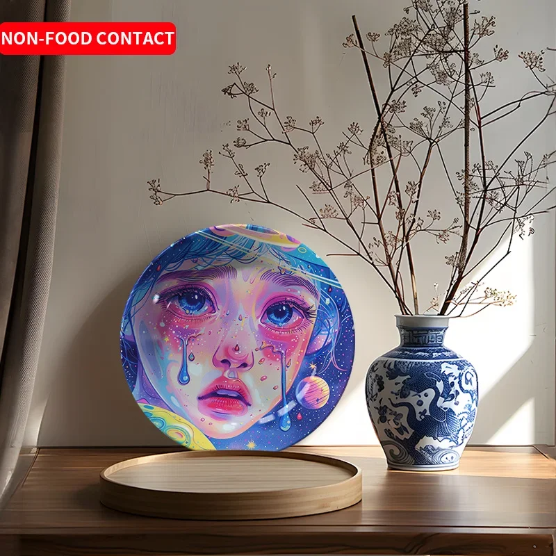 1pc Vintage Art Ceramic Decorative Plate - Hand-Painted Portrait of Woman with Cosmic Background, Non-Food Contact Home Wall