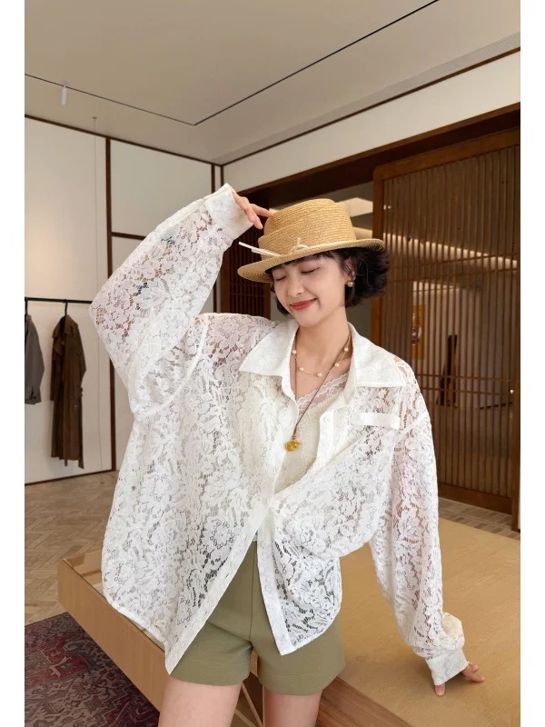 

Lace Relaxing Blouse Top for plus Size Women Casual Style Nylon Fabric Long Sleeve Collar Windproof Thin Spring Youth Fe...