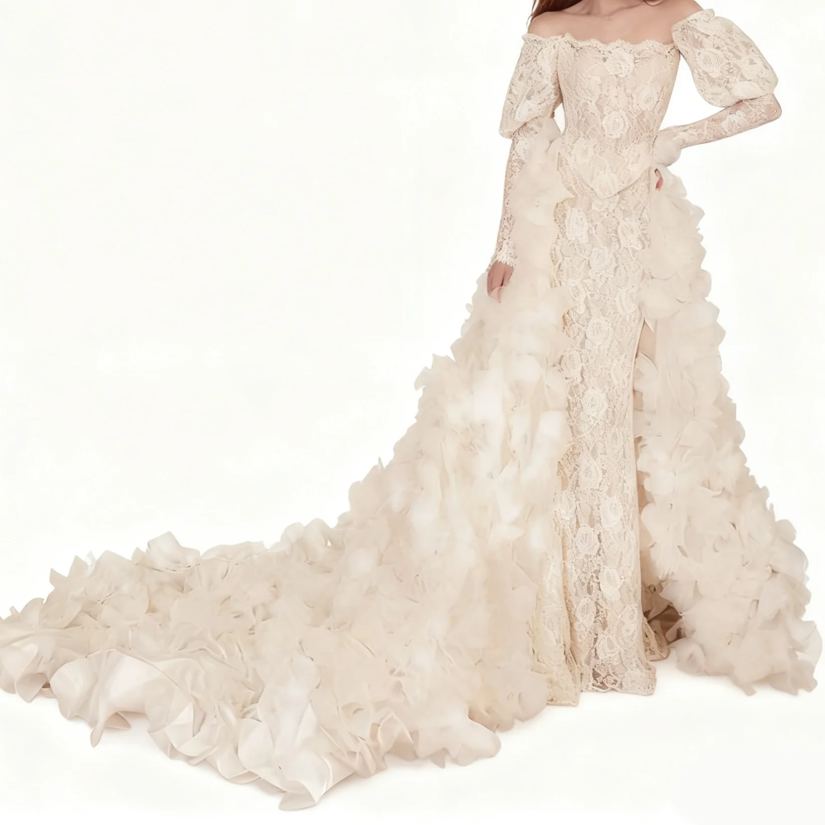 Luxury Off Shoulder Lace Full Sleeve Tulle Mermaid Bride Wedding Dresses Bridal Gowns Customized