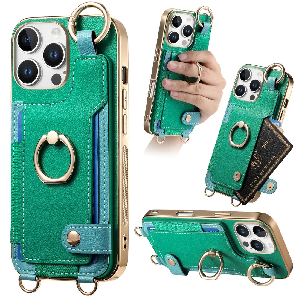 

Ring Crossbody Lanyard Wallet with Card Holder Leather Phone Case for iPhone 16 15 14 13 12 11 Pro Max Plus Protective Cover