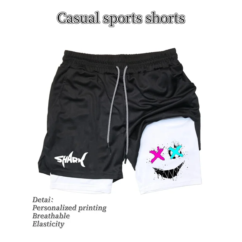2025 Summer Men's Double-Layer Running Training Shorts Shark joyful Graphic Print Adjustable Drawstring Waist Sports Gym Shorts