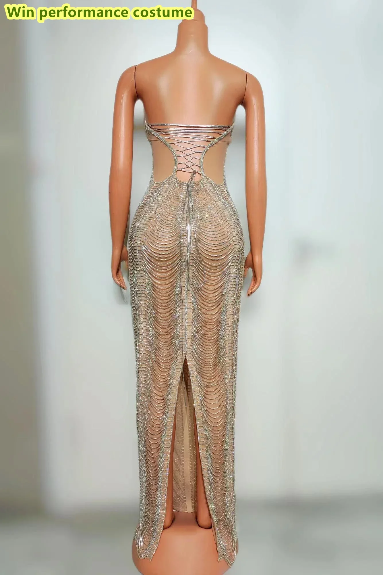 Bar Singer Stage Party Performance Clothing Luxury Heavy Industry Full Diamond Chain Hanging Neck Open Back Dress