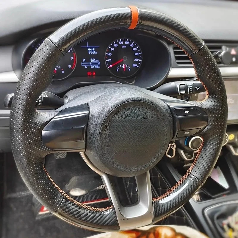 

Сшитый вручную чехол на руль автомобиля из углеродного волокна, кожа для Kia Rio Rio5 K2 Picanto Morning 2017-2019, автомобильные аксессуары