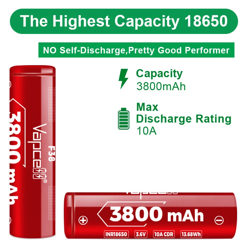 1-10pcs New Vapcell F38 18650 3800mah 10A battery INR18650 3.6V Rechargable Li-ion Batteries Flat top For Battery Pack Cell