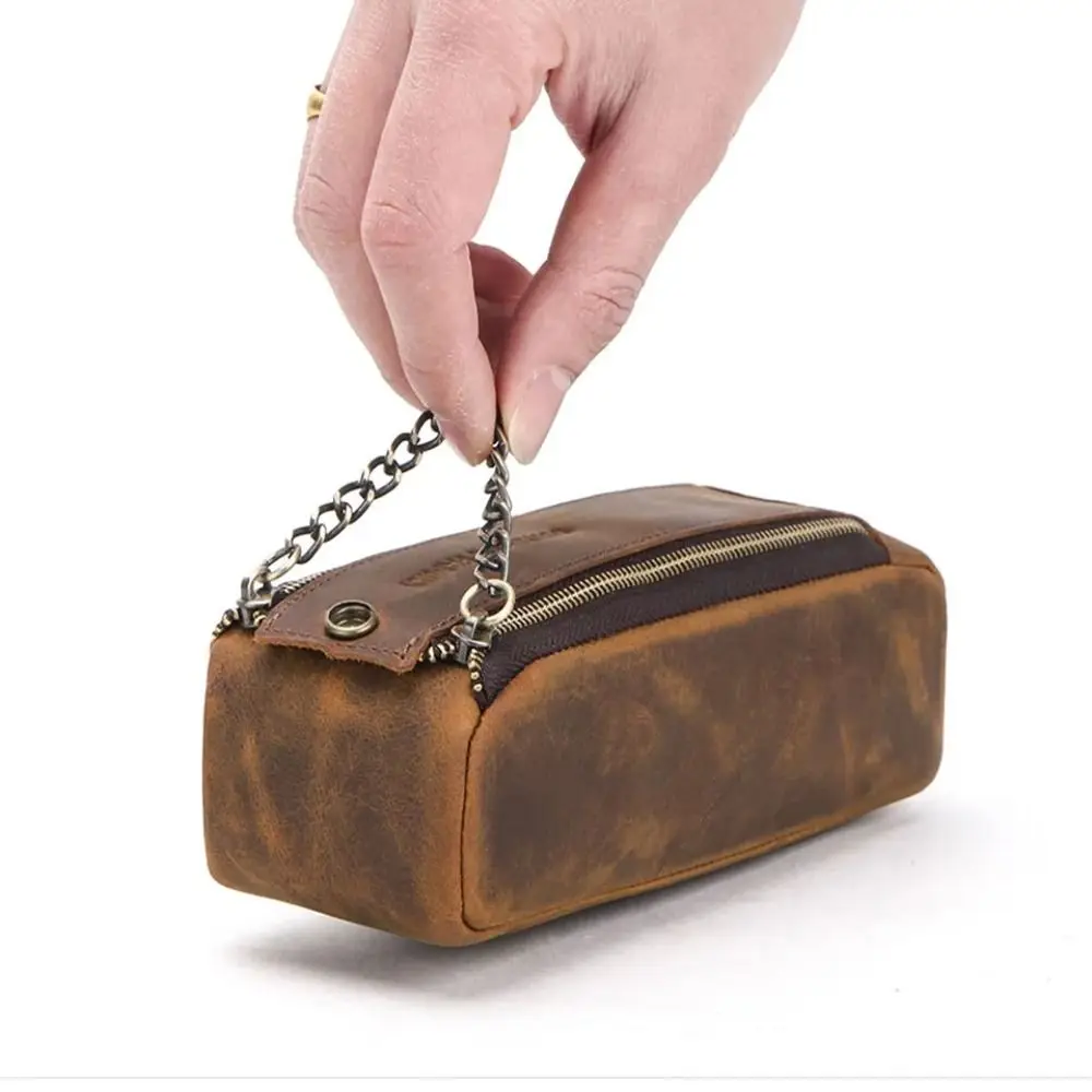 Portable Large Capacity Zipper Pen Pencil Case Leather Handmade Pen Pouch Holder Vintage Durable Desktop Organizer Stationary
