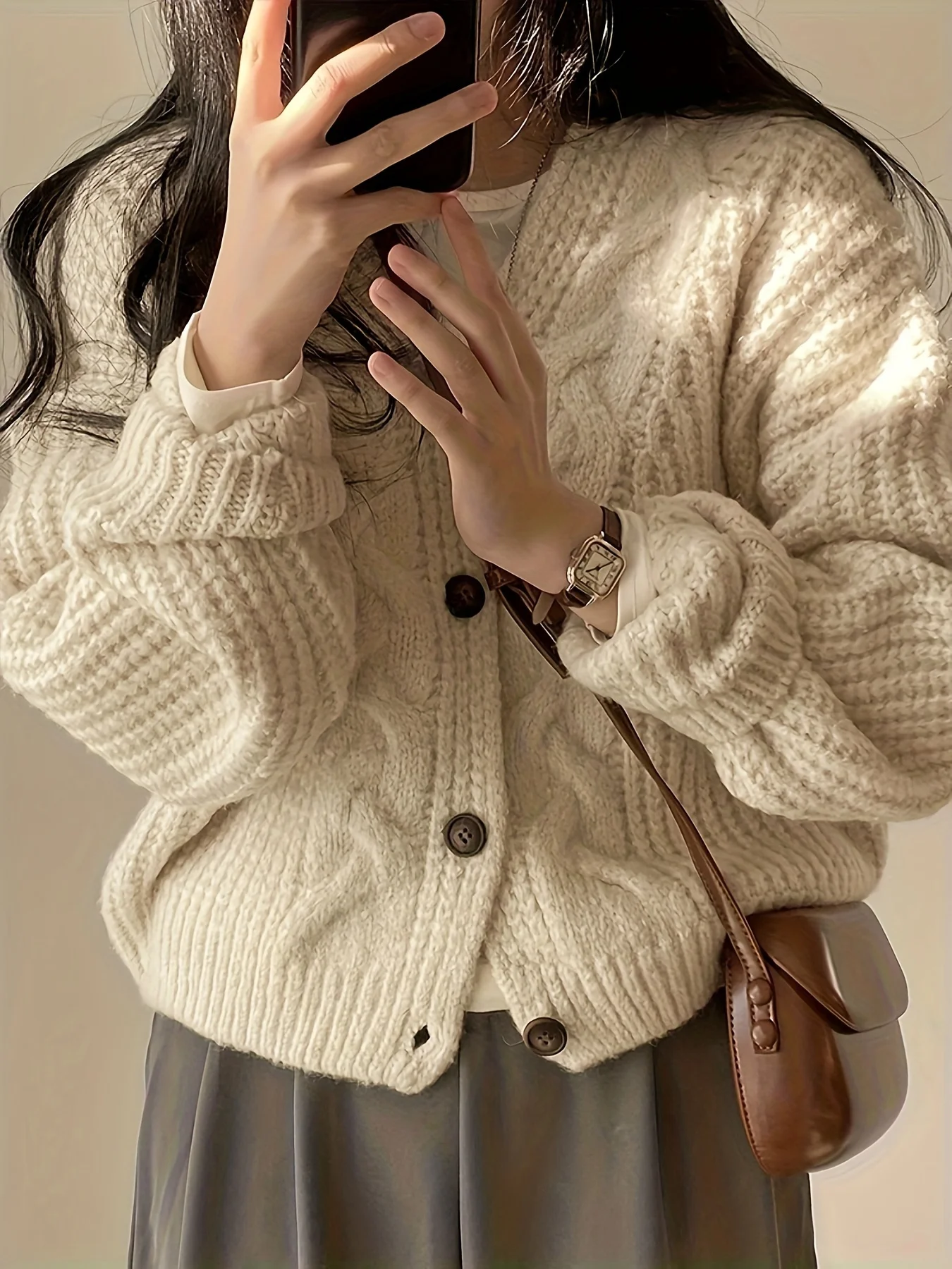 Women\'s Vintage Long Sleeve Button Front Chunky Knit Cardigan Sweater For Fall & Winter