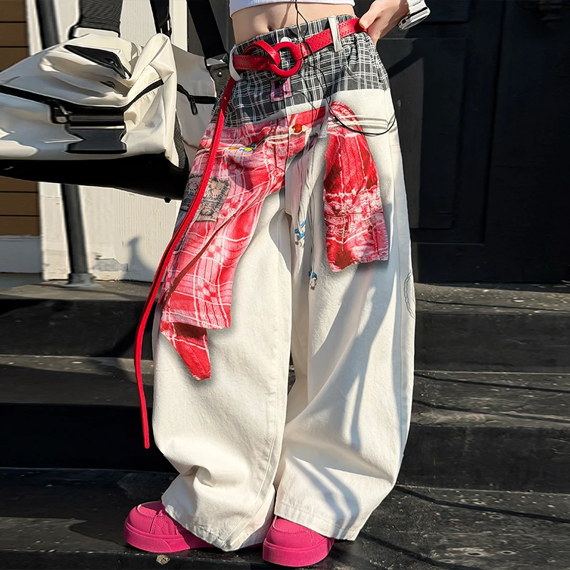5-13T Spring Summer Children's Clothing White Jeans Trousers for Kids Child Girls Red shirt pattern printed Wide-leg Denim Pants