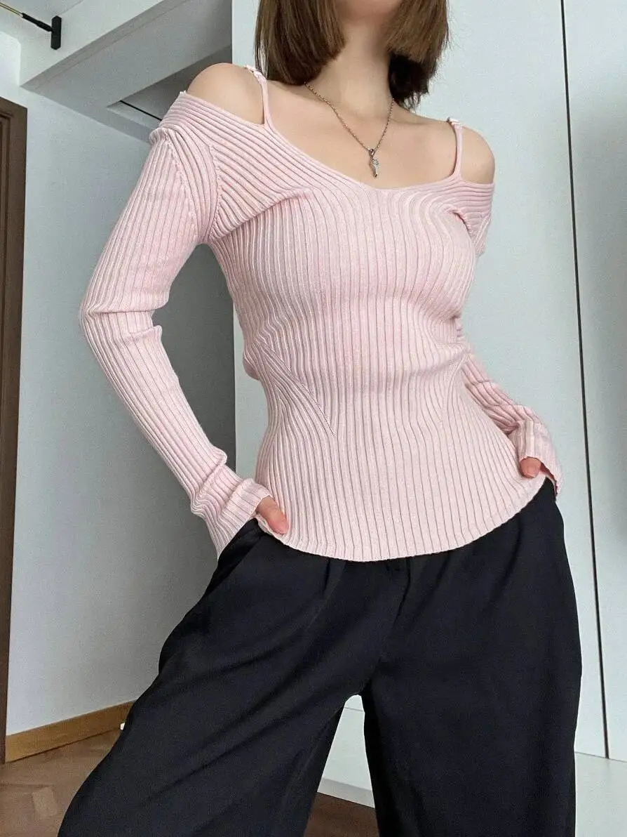 

Женский вязаный свитер с V-образным вырезом и открытыми плечами, имитация двухслойности, в стиле Pure Desire, осенне-зимний, новый, с длинными рукавами, однотонный пуловер Z83I