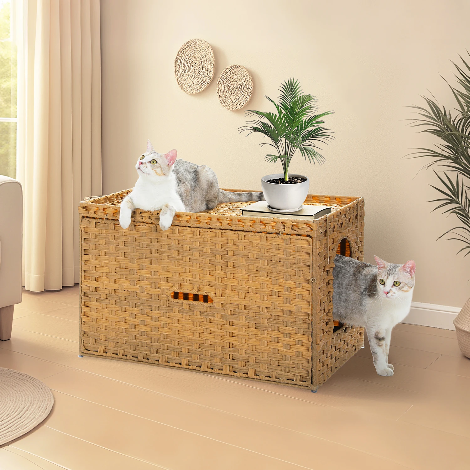 

50cm/19.7Inches Rattan Cat Litter Box Enclosure: Handwoven Wicker Hidden Furniture – Taller Doorway, Raised Mat, Flip-Up Design