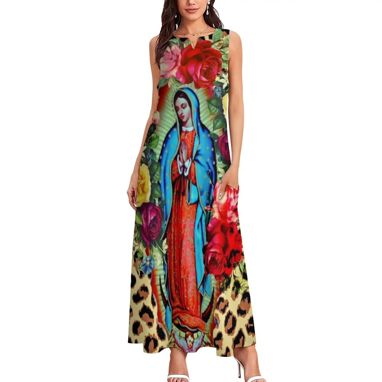 Guadalupe Virgin Mary Dress stampa floreale Vintage Maxi Dress con scollo a V modello Boho Beach abiti lunghi Fashion Big Size Vestido