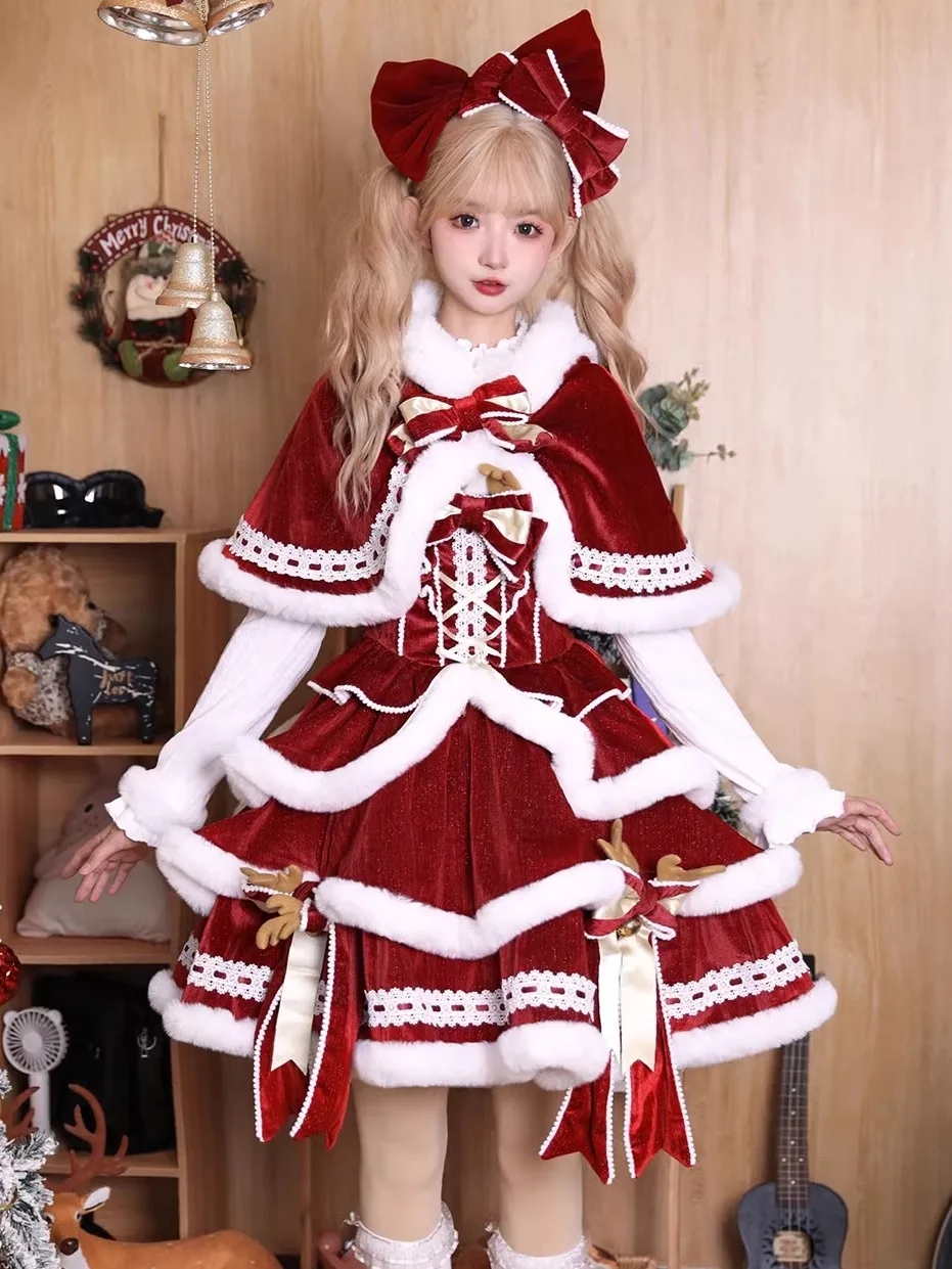 Original Christmas Lolita Dress Sweet Cute High Waist Slim Fit Bow Ribbon Suspender Dress for Women Red Cape Winter 2024 Y2k Top