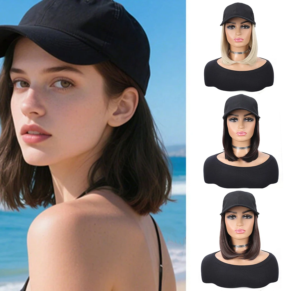 

Hat Wigs for Women Baseball Cap With Hair Extensions Synthetic Short Straight Bob Adjustable Hat Wig Easy Wear for Daily Party