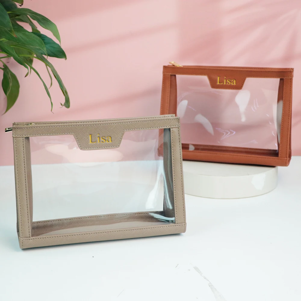 حقيبة تخزين للعناية بالبشرة ذات اسم مخصص، جلد PVC مقسم، حقيبة مكياج مقاومة للماء ذات سعة كبيرة للسفر، حقيبة أدوات الزينة