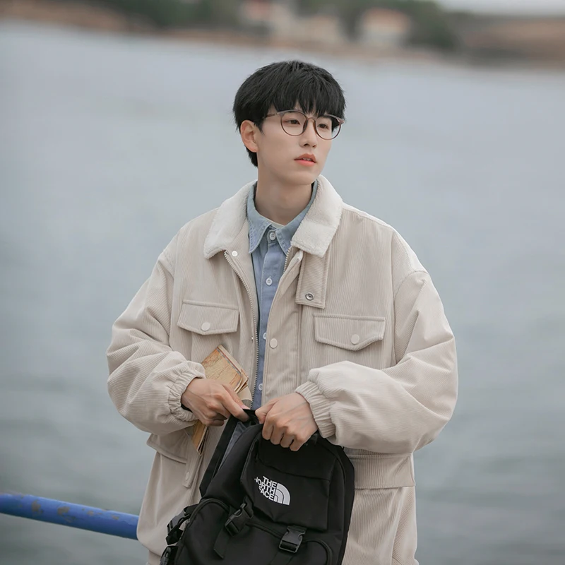 2025 Winter Japanese Retro Men's Coffee Corduroy Cotton Jacket Casual Fleece Lined Thickened Workwear Blue Beige Cotton Coat