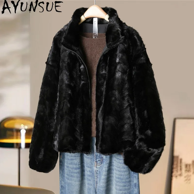 Casaco de Pele de Mink Real AYUNSUE para Mulheres, Jaqueta de Pele Reversível, Estilo com Gola Alta, Roupas Externas Pretas para o Inverno