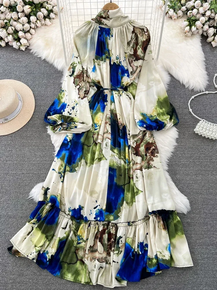 Spring Autumn Women\'s Retro Style Long Sleeved Printed Dress with Waist Cinched A-line Elegant Large Swing Long Dress A81