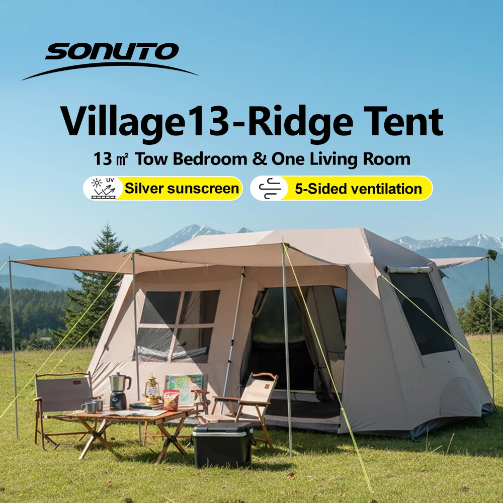 Sonuto Automatisches Campingzelt, 3-8 Personen Schnellaufbau-Hügeltzelt, Wasserdichtes Doppelhalle-Familienzelt mit Vordach für Outdoor-Aktivitäten