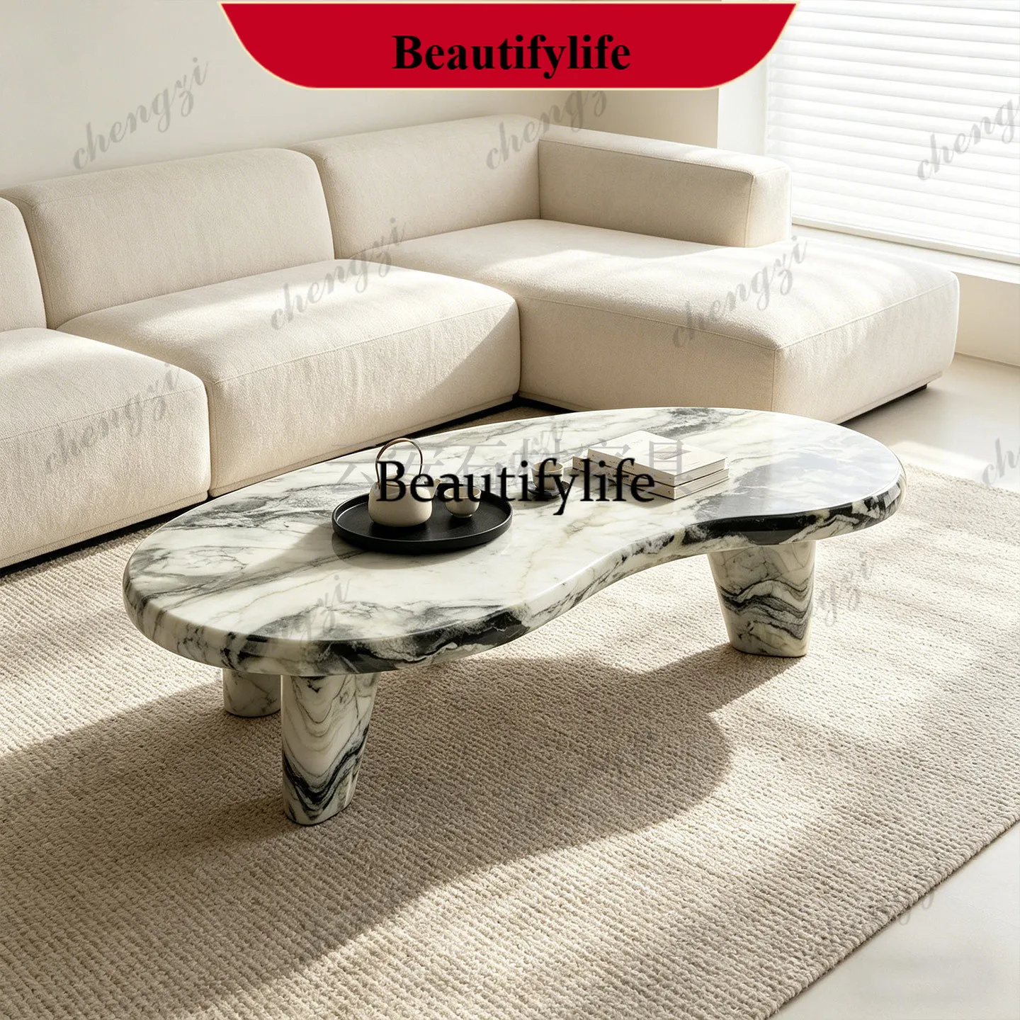 d178 Nordic light luxury high-grade natural green marble special-shaped coffee table living room sofa, creative coffee table