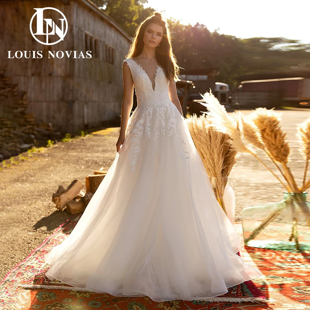 LOUIS NOVIAS Lace Wedding Dresses Sexy Romantic Backless Sequined Brush Train Bridal Gown A-Line V-neck zipper Vestidos De Novia