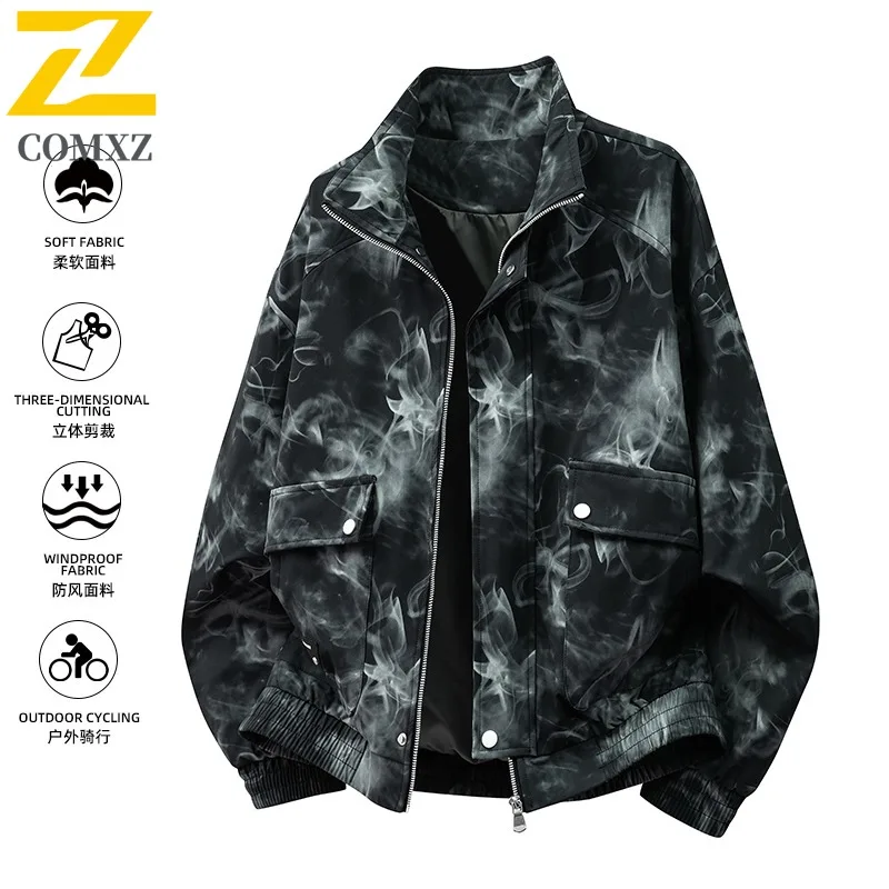 

COMXZ 2025 Plus Size Jacket Men American Vintage Niche Design Tie Dye Denim Coat Oversize Loose High Street Hip Hop Trendy