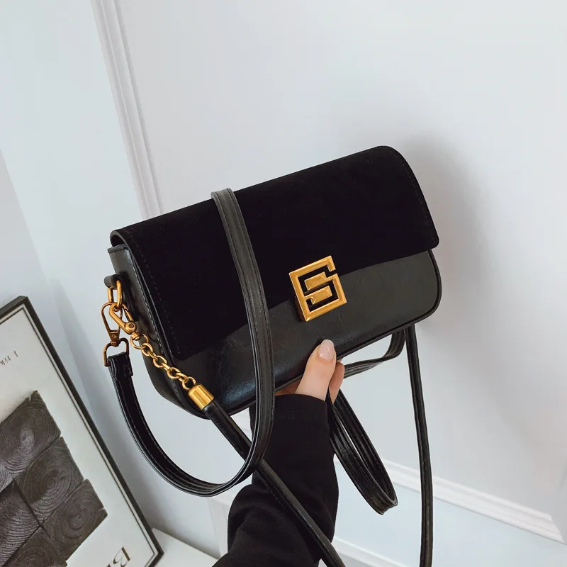 

Winter Popular High-end Retro Matte Suede Splicing Small Square Bag Women's Versatile Fashion Temperament Bag Christmas Gift
