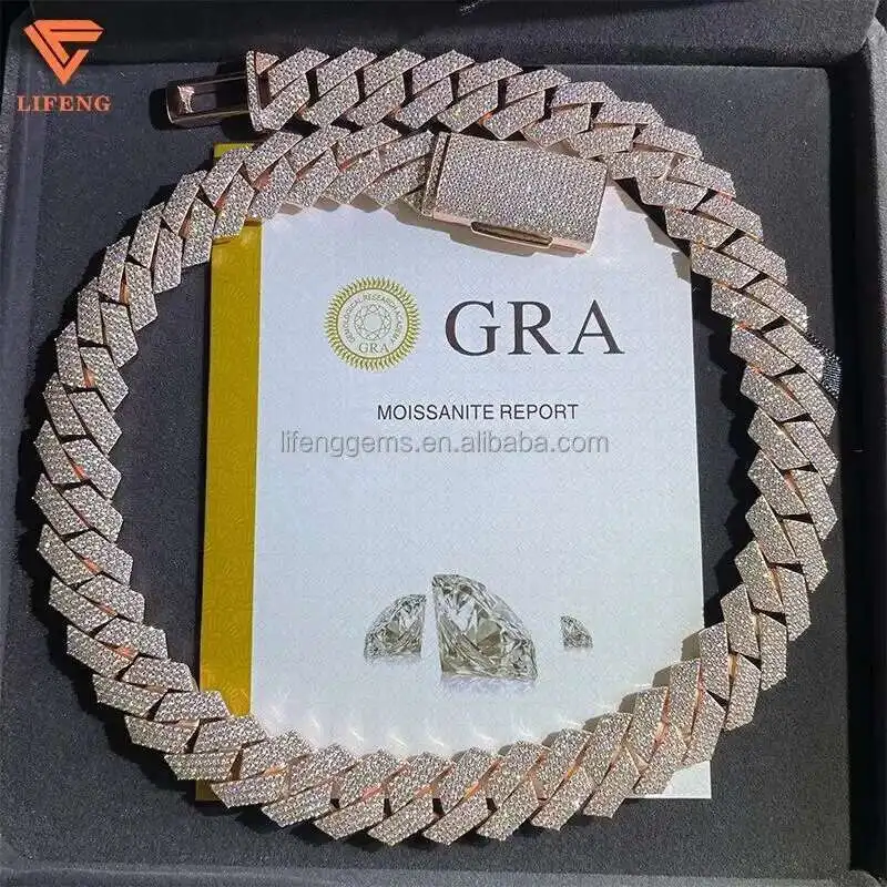 

18mm 3 rows 925 sliver vvs Moissanite cuban chain iced out hip hop jewelry mossanite rose gold cuban link chain
