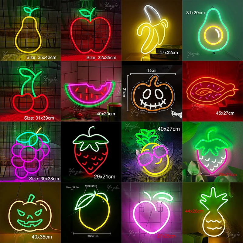 Fruit Neon Sign Light LED Strawberry Lemon Peach Apple Neon Lights Custom Business Logo Decor Room Shop Restaurant Halloween