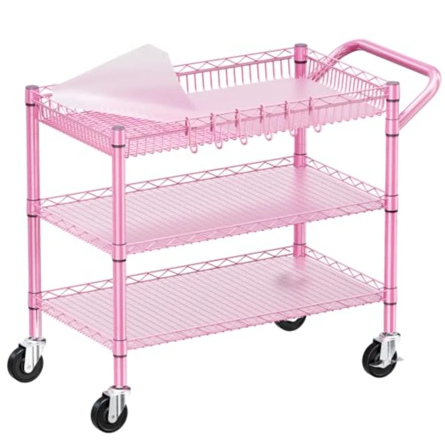 

Pink Rolling Utility Cart with Wheels, 990Lbs Heavy Duty Metal Cart with Handle Shelf Liners, NSF Certified 3-Tier Storage Trol