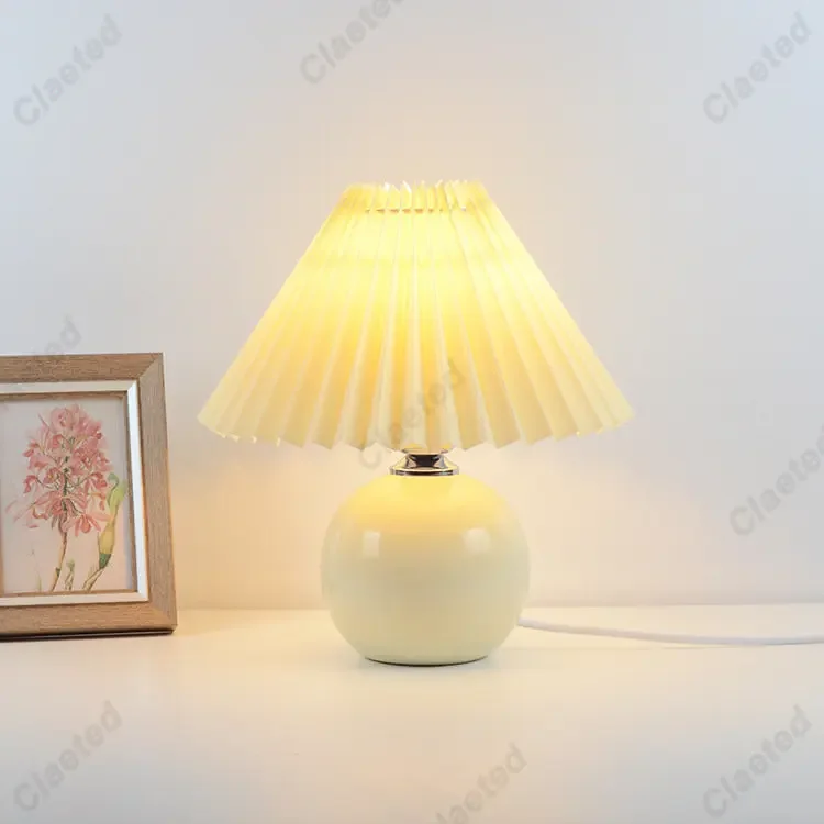 Korean Pleated Table Lamp Lights Ceramicrattan Table Lamp for Living Room Home Decoration Tricolor LED Bulb Vintage Bedside Lamp