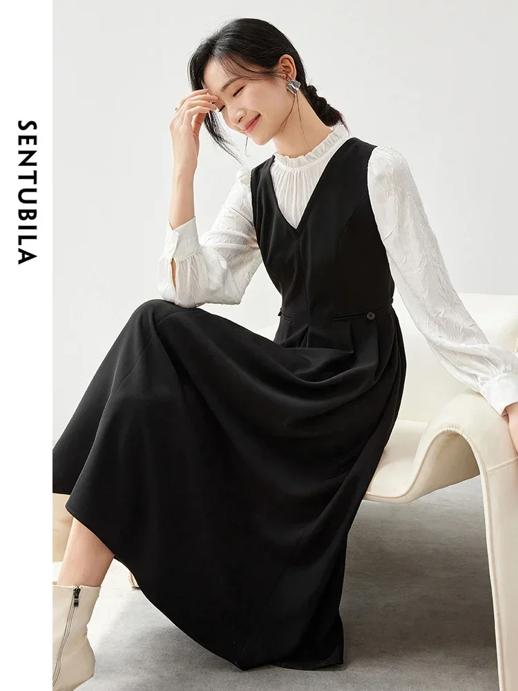 

SENTUBILA 2 in1 Black Dress for Women 2025 Autumn Fashion Retract Waist Ruffled Stand Neck Elegant Lady Midi Dresses 143L56681