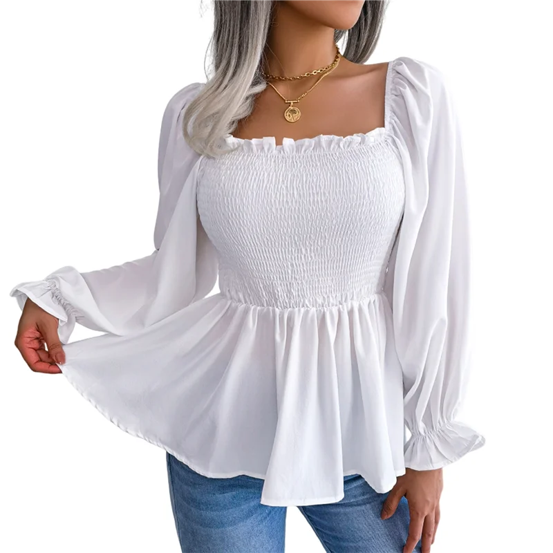 ABRT-Women's Long Sleeve Square Neck Lantern Shirred Ruffle Hem Smocked Peplum Babydoll Blouse Shirt Top